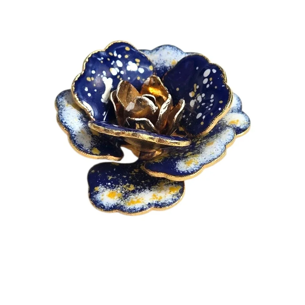 Vintage Goldtone Blue Yellow Paint Enamel Flower Brooch & Clip On‎ Earrings Set